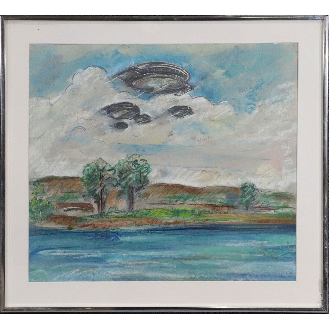 Flying Saucers of Landscape, Space Age, Mixed Media: Flying Saucers of Landscape, Space Age, Mixed Media in crayon and pastels. Framed. Size: image: 15.5 in. x 17.5 in. ; outer frame 19.25 in. x 21.25 in.