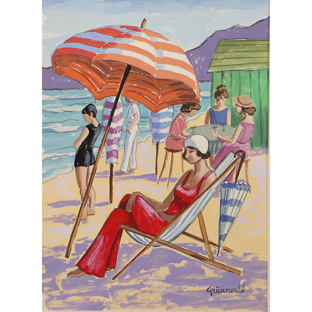 Isaac Grunewald 1889 - 1946 Gouache Figures At Beach: Isaac Grunewald 1889 - 1946 Gouache Figures At Beach, woman under a beach umbrella; painting on paper, signed, matted. Well listed artist. Size: image 13 in. x 9.5 in.; outer mat 18 in. x 14 in. ; ASK