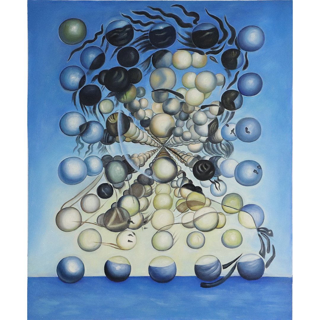 20th C. Surrealist Oil/c Space Age Molecular Tornado: 20th C. Surrealist Oil/c Space Age Molecular Tornado. Unsigned, Oil on canvas painting, loose not stretched. Size: image: 24.75 in. x 20.5 in.; outer border of canvas 27 in. x 23 in.