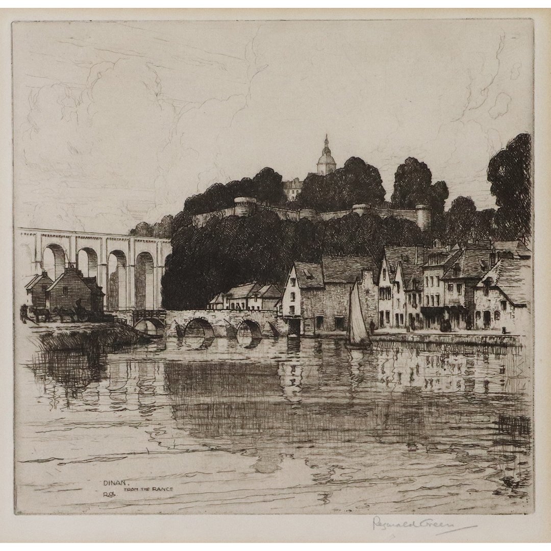 Reginald Green 1884-1971 Scottish, Etching Coastal Town: Reginald Green 1884-1971 Scottish, Etching Coastal Town. Loose, not framed. Size: image 6.5 in. x 7 in.; outer frame 8 5/8 in. x 8.75 in.