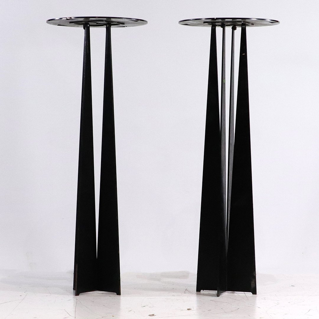 [2] Two Mid-Century Iron Space Age Rocket Tower Stands: [2] Two Mid-Century Iron Space Age Rocket Tower Stands. Size: 32 in. height, 12 in. diameter top, 7.5 in. wide base