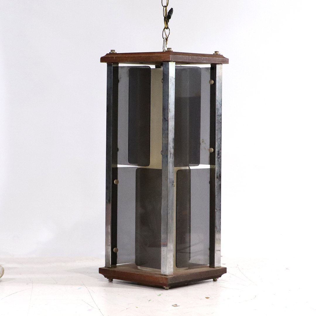 Mid-Century Modern Large Smoked Lucite Hanging Lamp: Mid-Century Modern Large Smoked Lucite Hanging Lamp Fixture. Rectangular shape, Wood frame, chrome accents with smoked Lucite panels. Size: 27.25 in. length, 10.75 in. diameter