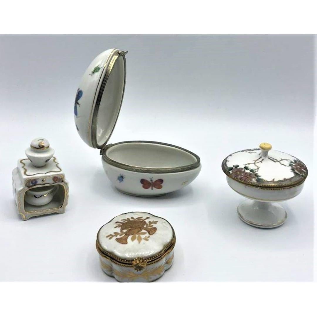 Four [4] Assorted Porcelain Boxes, Covered Jar. Nippon,: Four [4] Assorted Porcelain Boxes, Covered Jar. Nippon, Limoges France. Sizes: 2.25 in. to 4 in.