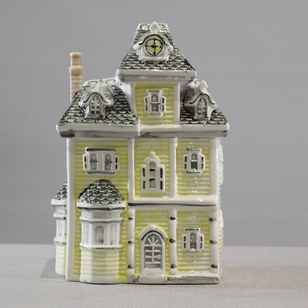 Unique Glazed Ceramic House Cookie Jar with Roof Cover.: Unique Glazed Ceramic House Cookie Jar with Roof Cover. Size: 10 in. height, 6 in. wide.