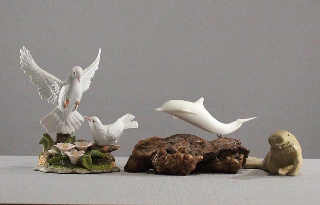 3 Animal Figures by John Perry, Royal Carlton: 3 Animalier Figures John Perry, Royal Carlton: Doves, Dolphin, Seal.range 3 in. - 8.5 in. heights