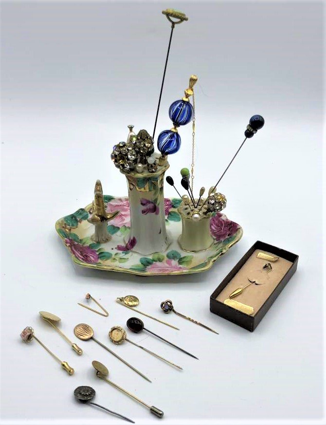 NIPPON Hatpin and Ring Holder Stand Assortment Hat Pins: NIPPON Hatpin and Ring Holder Stand Assortment Hat Pins. Size: Nippon dresser tray: 4 in. height, 7 in. length, 4.5 in. wide. Hatpins 8.5 in. to 2.75 in. lengths
