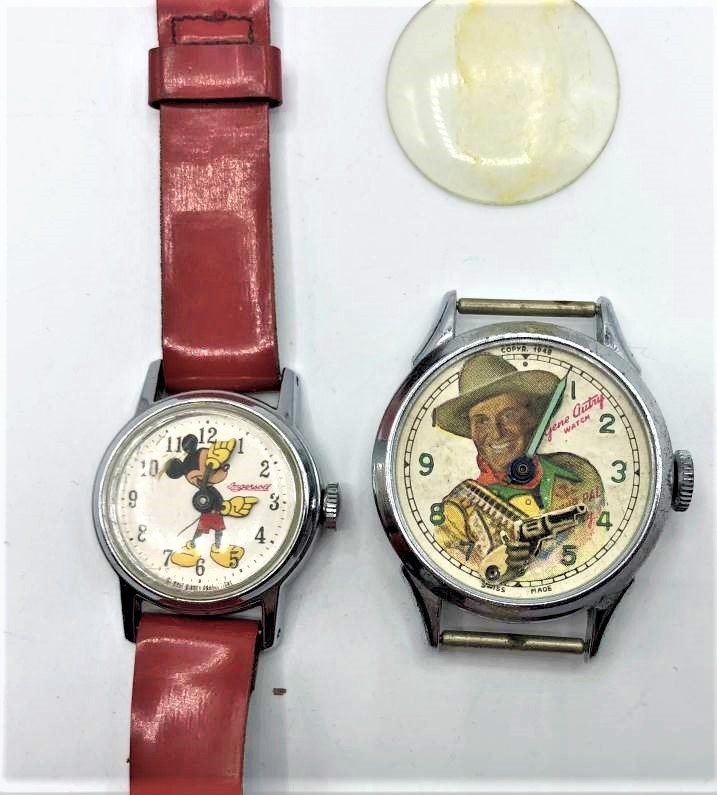 Vintage Character Wristwatches GENE AUTRY, MICKEY MOUSE: Vintage Character Wristwatches GENE AUTRY, MICKEY MOUSE Ingersoll. Size: Gene Autry Watch 1/25 in. diameter bezel, Mickey Mouse watch 1 in. diameter bezel. Both are as-found.