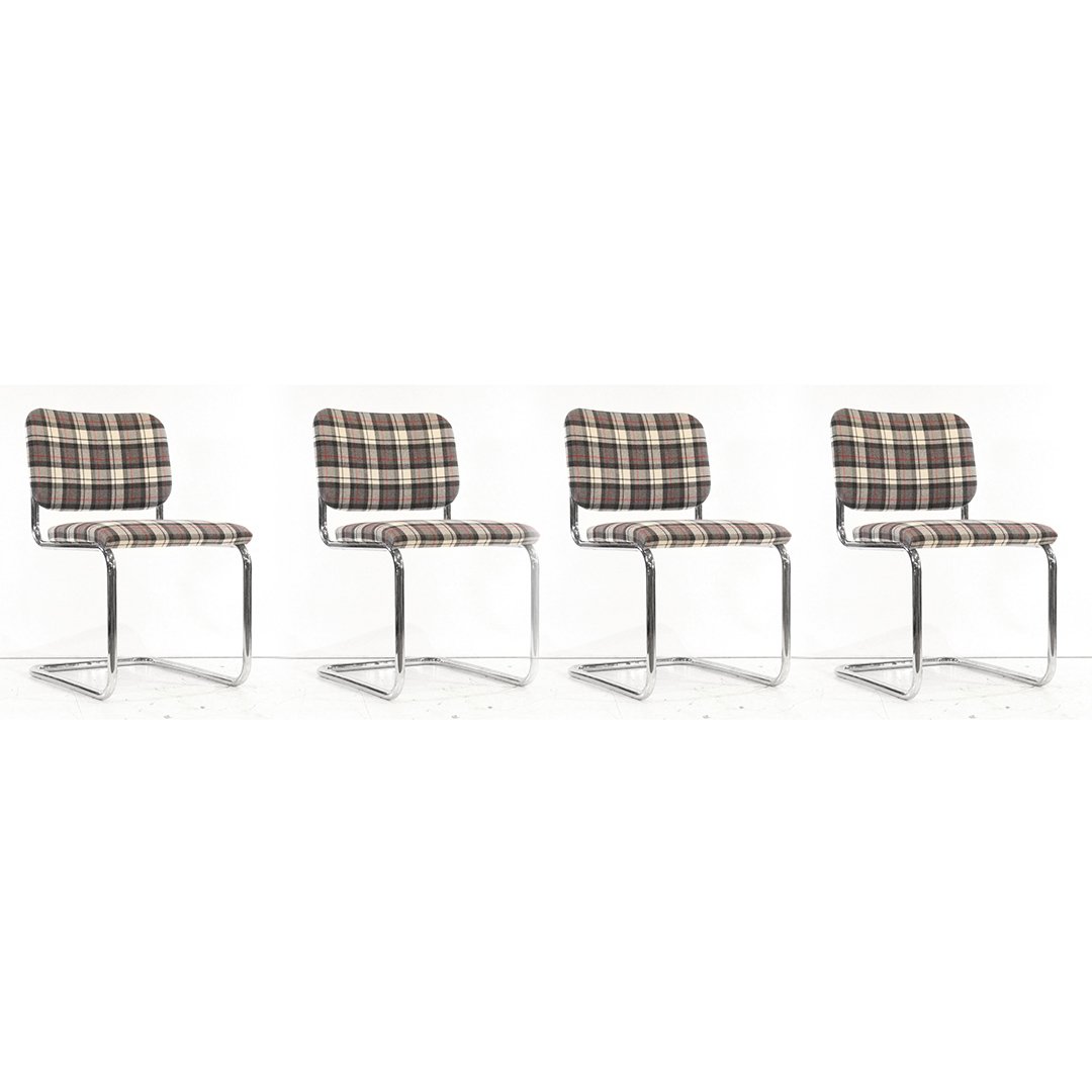 Four THONET Industries Tubular Chrome Dinette Chairs: [4] Four THONET Industries Tubular Chrome Dinette Chairs with original labels. Upholstered backs and seats. Size: 32 in. height, 18 in. wide