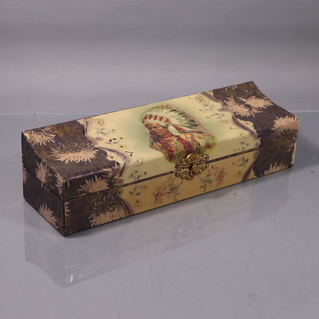 Native American Indian Chief Victorian Glove Box: Native American Indian Chief Victorian Glove Box. Size: 3.75 in. height, 13 in. length, 4 in. wide