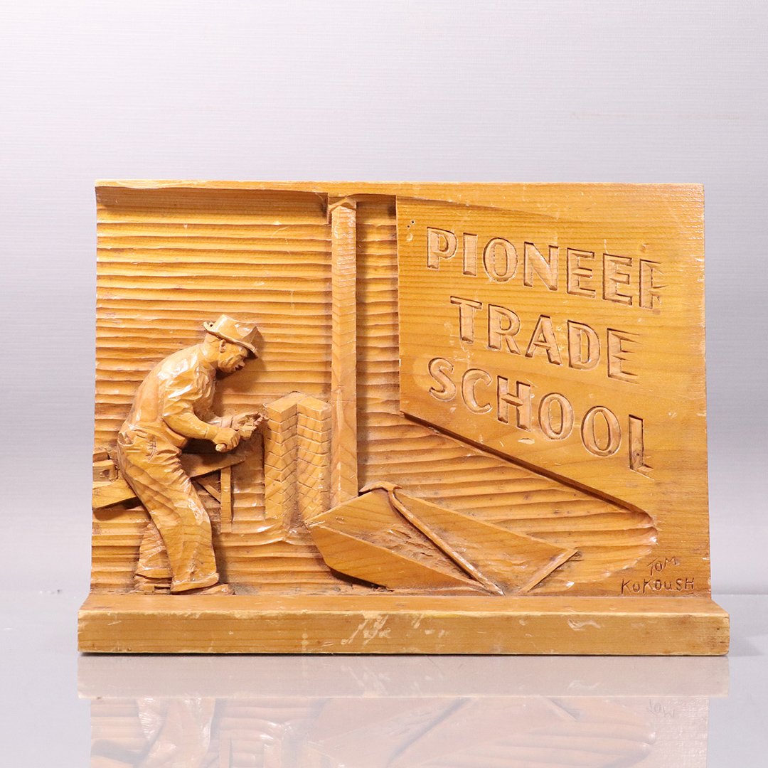 Vintage Pine Pioneer Trade School Sign by Tom Kokoush: Vintage Pine Pioneer Trade School Sign by Tom Kokoush. Hand carved, signed, Desk Top sign. Size: 8 in. height, 10.75 in. length, 3.5 in. depth