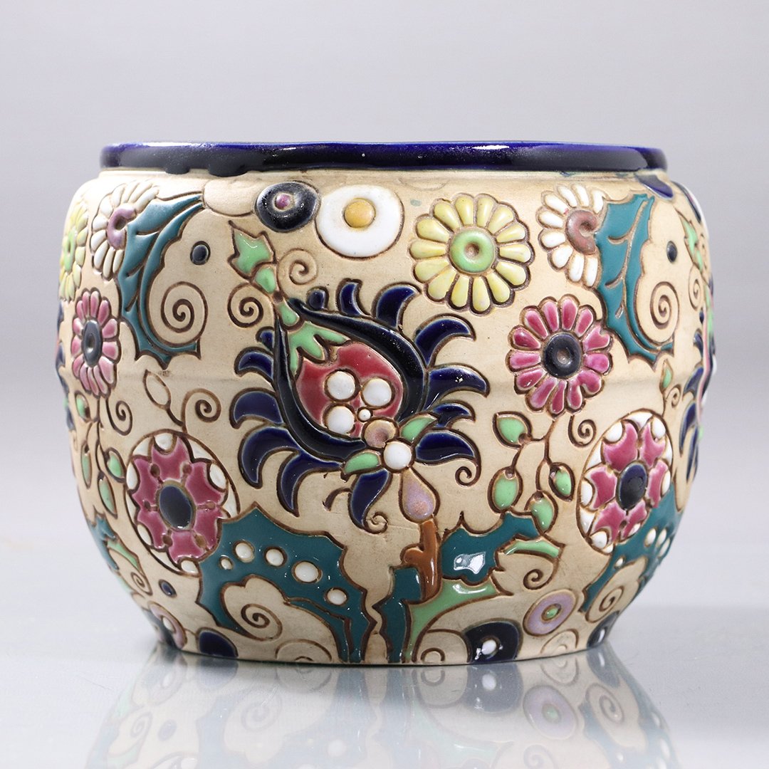 Amphora Enameled Art Deco Pottery Planter: Amphora Enameled Art Deco Pottery Planter. Well enameled pottery planter. Floral decoration. Impressed at underside; 7in.H. x 8.5in.W.