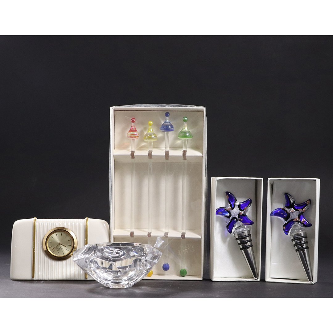 Grouping Glass Stirrers, Lenox Clock, Royal Gallery: Grouping Glass Stirrers, Lenox Clock, Royal Gallery Crystal, Star Fish Wine Stoppers. Size: 2 in. to 8 in. length