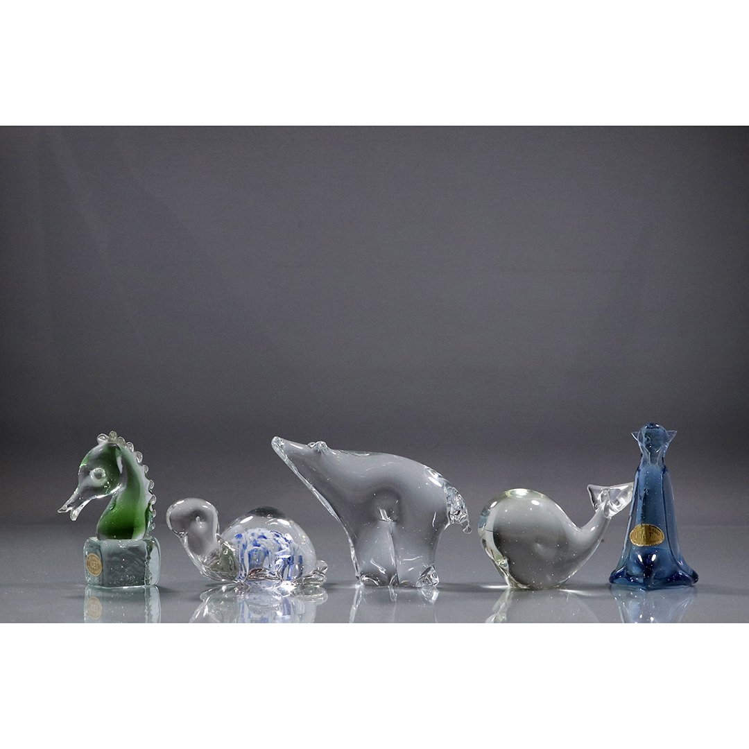 5 Assorted Murano Glass Animal Figures:, 2 Arte Icet: 5 Assorted Murano Glass Animal Figures:, 2 Arte Icet labels. Horsehead, turtle, polar bear, whale, cat.