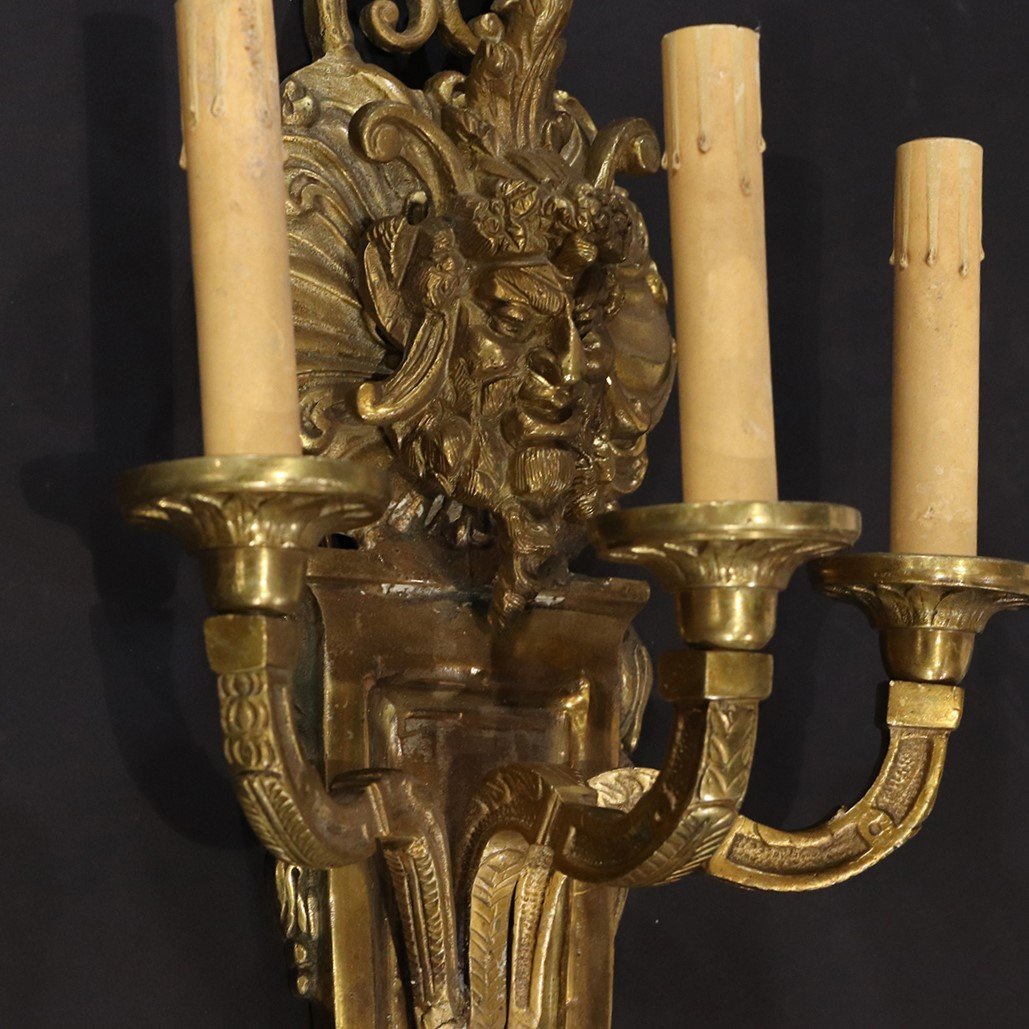 Antique Heavy Cast Bronze Bacchus Head Wall Sconce: Antique Heavy Cast Bronze Bacchus Head Wall Sconce, 3 light electrified. Size: 25.5 in. length, 11.5 in. wide.