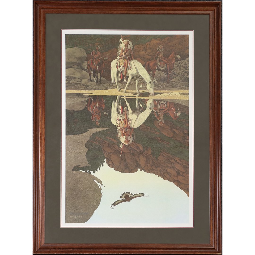 Bev Doolittle "Good Omen" #679/1000 Limited Edition: Bev Doolittle "Good Omen" #679/1000 Limited Edition, original framing with labels on verso. Original cost $4500.00 ; Size: image 28 in. x 18 in. ; outer frame 38.5 in. x 27.5 in. ; Original Cost: Simi