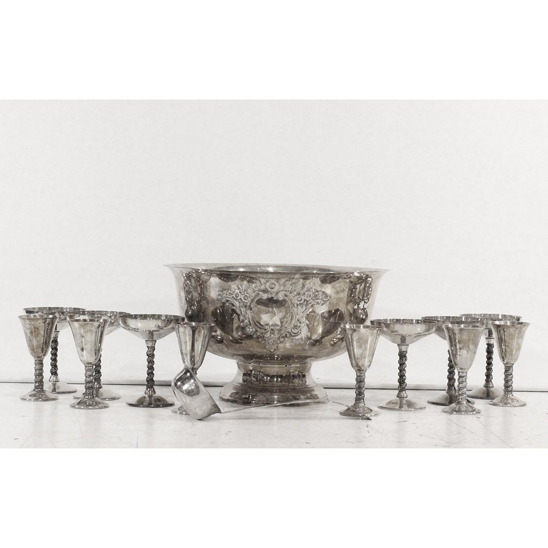 Continental Silver Plate Punch Bowl, 2 sets 6 Goblets: Continental Silver Plate Punch Bowl, 2 sets 6 Goblets and ladle. Marked: Valero Made in Spain. Size: bowl 8.75 in. height, 15.25 in. diameter ; 12 in. length ladle; [6] goblets 5.75 in. height, 4.25 i