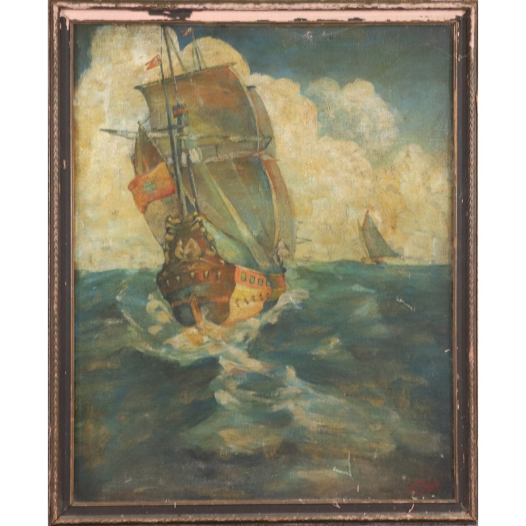 Pande, Vintage Oil on Board Galleon Ship on Sea, Signed: Pande, Vintage Oil on Board Galleon Ship on Sea , Signed. Original framing. Size: image 29.5 n. x 23.5 in.; outer frame 32.5 in. x 26.5 in.
