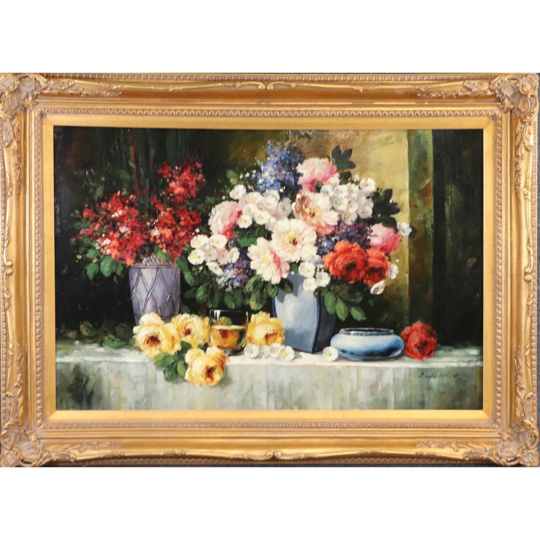 Eu Teco, Quality 20th C.Floral Still Life Oil Painting: Eu Teco, Quality 20th C.Floral Still Life Oil Painting. Oil on canvas painting, signed, gold framing. Table Top Still Life Colorful Flower Arrangements. Size: image 24 in. x 36 in. ; outer frame 32.5