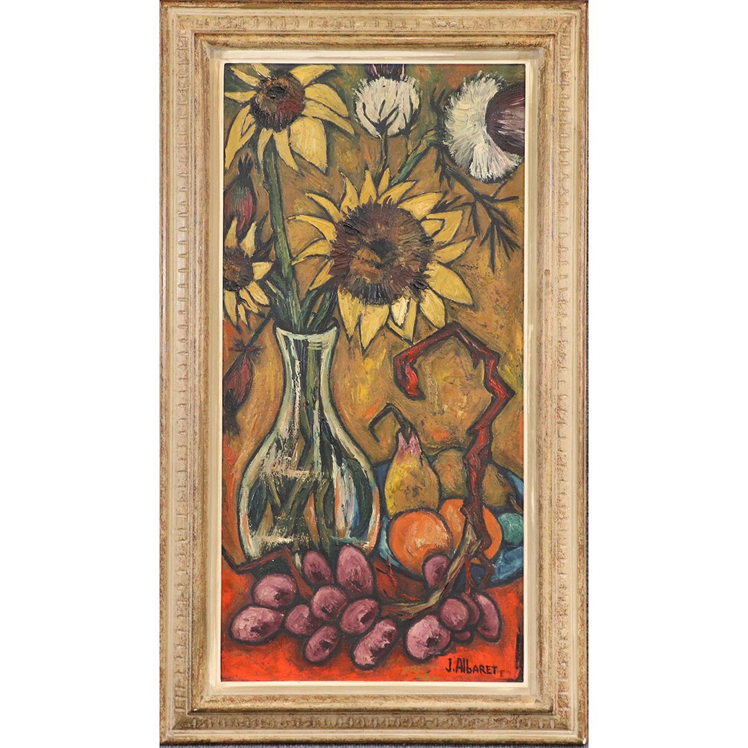Jean Albaret, French, Mid-Century Sunflowers Oil /c: Jean Albaret, French, Mid-Century Sunflowers Oil /c. Oil on canvas painting, original framing, Well Listed French Artist. Size: image 31.5 in. x 16 in.; outer frame 37.5 in. x 22 in. ; ASKart: Jean Al