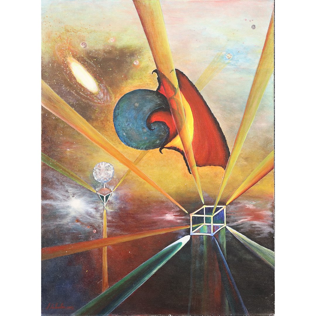 Mid-Century Modern Surrealist Space Age Oil Painting: Mid-Century Modern Surrealist Space Age Oil Painting. Signed J Schuler, artist information on verso Joseph Schuler b. 1926, titled: Somewhere Out There. Oil on canvas board. Size 18 in. x 24 in.