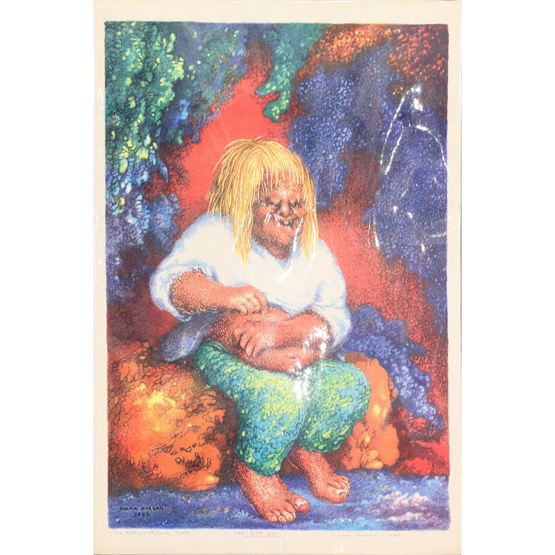 Norma Morgan, Afro American , Print Belly Scratch Troll: Norma Morgan, Afro American , Pencil signed Print: Belly Scratching Troll, Norma Morgan 1989, Color print from watercolor. Size: image 15 in. x 10 in. ; outer border 16.5 in. x 11 in.