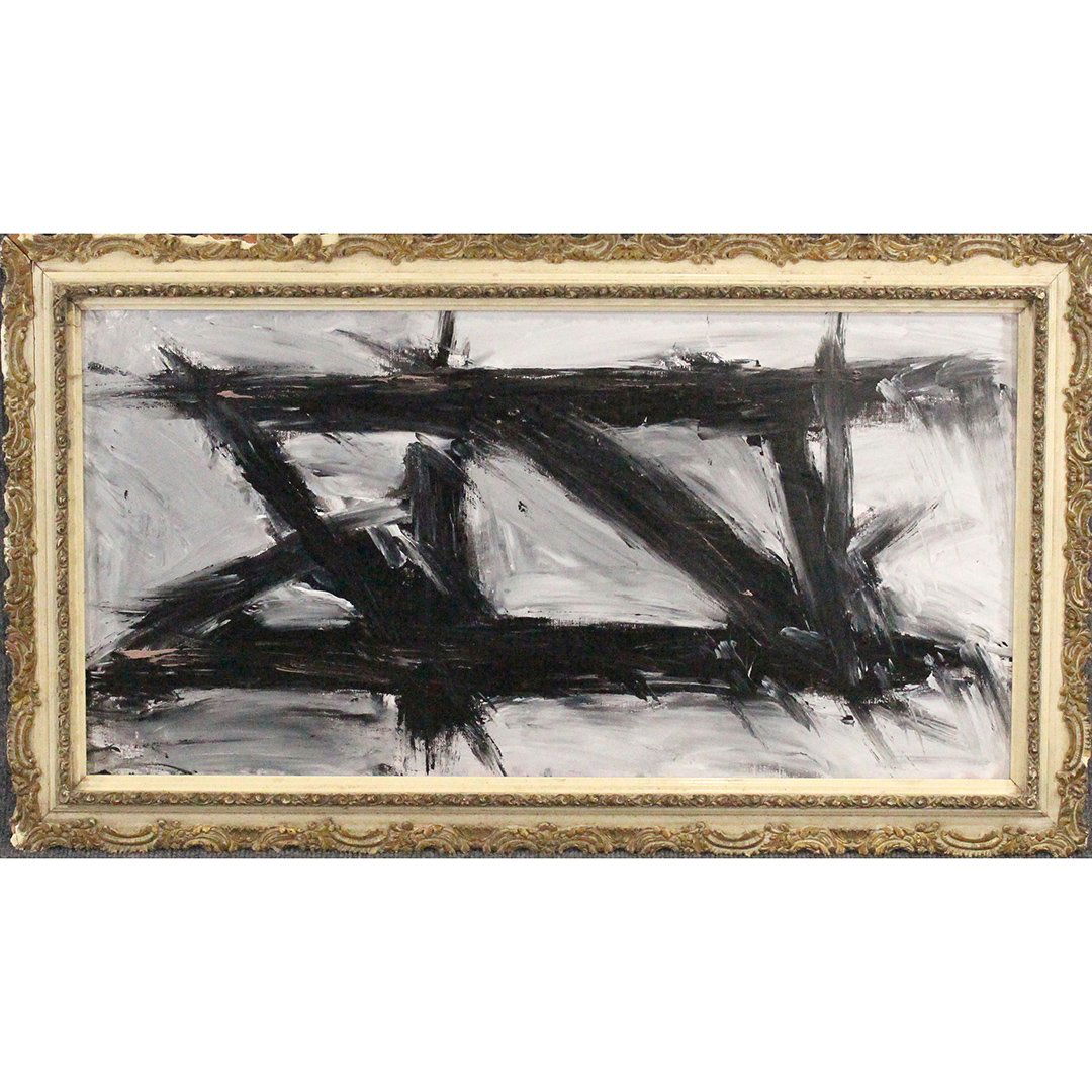 Pulgini after Franz Kline, Black and White Abstract O/b: Pulgini after Franz Kline, Black and White Abstract O/b. oil on board painting, signed on verso, framed. Popular Philadelphia area artist. Size: image 14 in. x 28 in. ; outer frame 18 in. x 32 in.