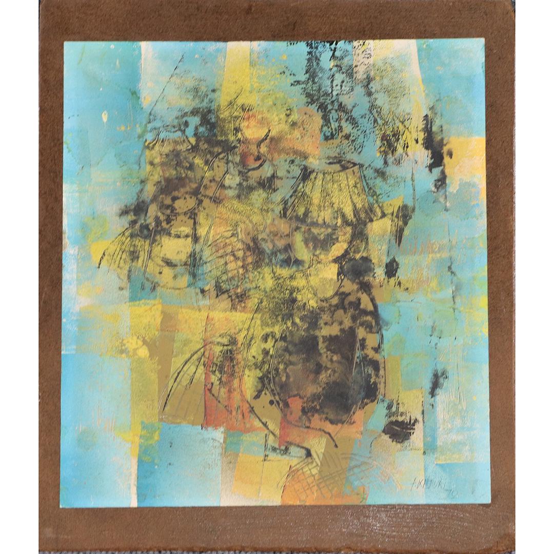 Vietnamese Figure in Abstract Watercolor Signed 1970: Vietnamese Figure in Abstract Watercolor Signed 1970. Signature illegible. size: 11.25x10.25 image, 13.5x11.5 outside board