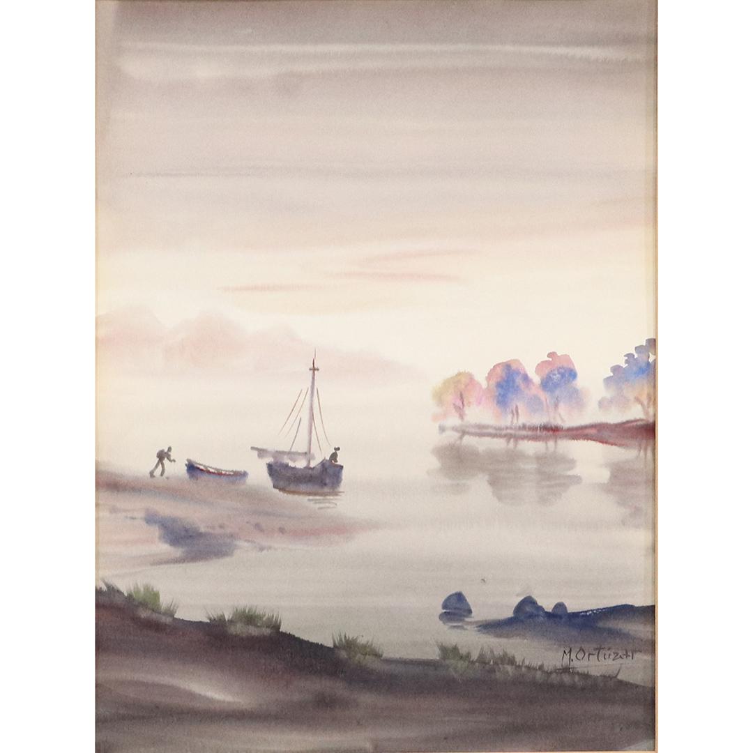 Mariano Ortuzar, Chile, Watercolor Fishing Boats Shore: Mariano Ortuzar, Chile, Watercolor Fishing Boats at Shore. ;watercolor painting, listed Chile artist. ; size: 11.5x8.5 image, 17x14 outside mat. ASKart: Mariano Ortuzar (Born 1900)Mariano Ortuzar was 