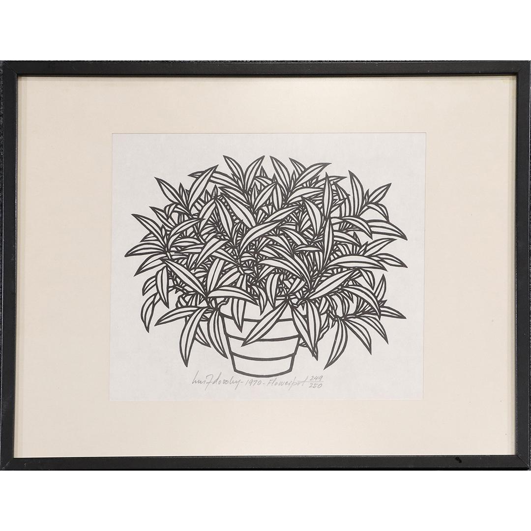 Jacques Hnizdovsky, #249/250 Woodcut Flower Pot w/ COA: Jacques Hnizdovsky, #249/250 Woodcut Flower Pot with COA on verso. framed. size: 9.5x11 image, 14.75x18.75 outside frame