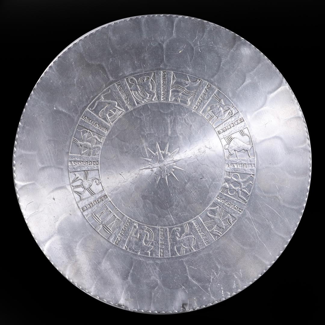 Arthur Armour, Mid-Century Aluminum Zodiac Charger: Arthur Armour, Mid-Century Aluminum Zodiac Charger. Signed on base. size: 18 diameter