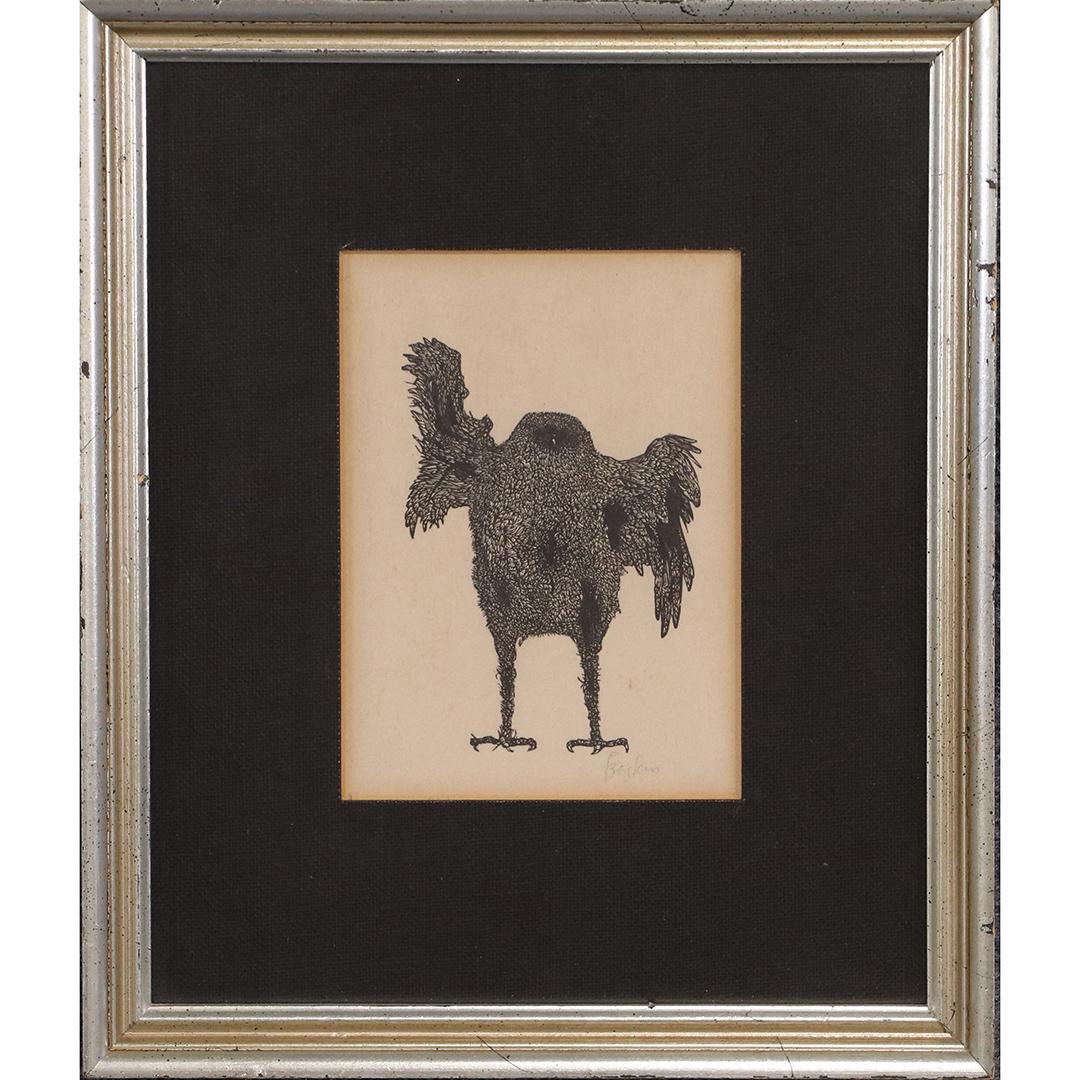 Leonard Baskin , Original Woodcut of a Standing Owl: Leonard Baskin , Original Woodcut of a Standing Owl. Pencil signed and titled. Framed. Gallery Label. size: 6.5x4.5 image, 12.25x10.25 outside frame