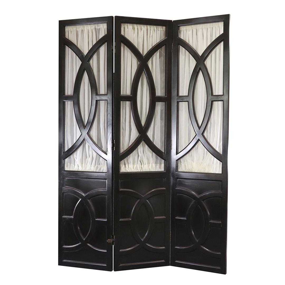 John Mont Style Black Wood Triple Room Divider Screen: John Mont Style Black Wood Triple Panel Room Divider Screen with Curtain backs. Clean. size: 76.25 in. height x 54 in. wide fully extended (Three 18 in. wide panels)