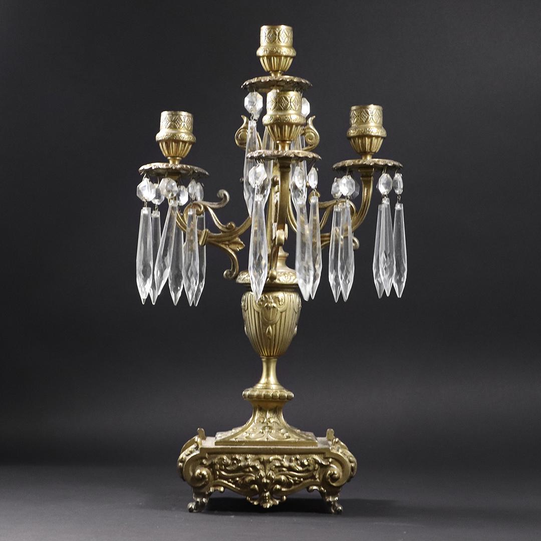 19th C. French Girandole 4 Light Candelabra with Prisms: 19th C. French Girandole 4 Light Candelabra with Prisms. Original patina finish. size: 15 in.height x 8 in. wide