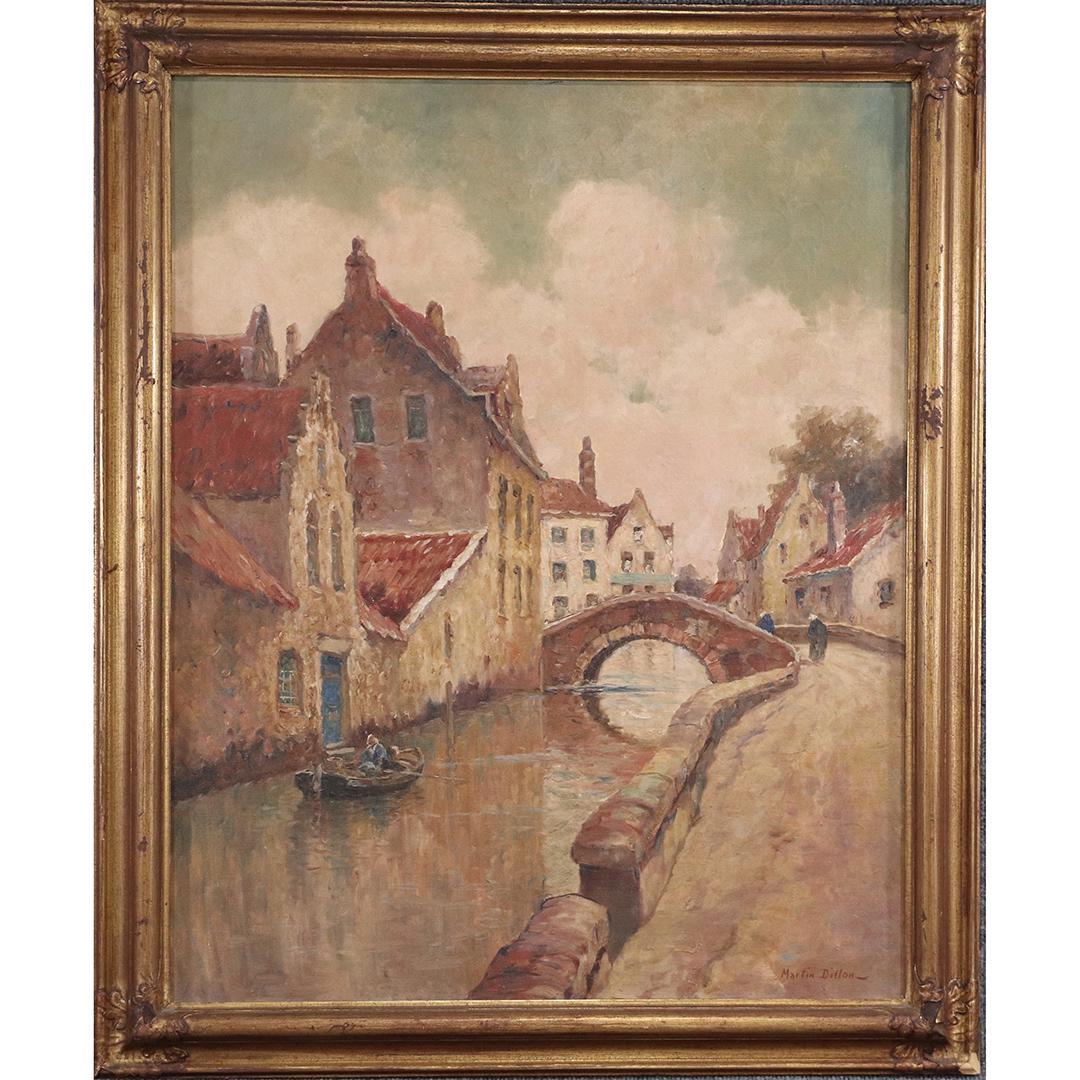 Martin Dillon, Oil/c Dutch Village and Canal, Signed: Martin Dillon, Oil/c Dutch Village and Canal, Signed. Oil on Canvas painting. Original frame. Well listed Artist. size: 30 in. x 24 in. image, 34.5 in. x 28.5 in. outside frame. ASKart: Martin Dillon
