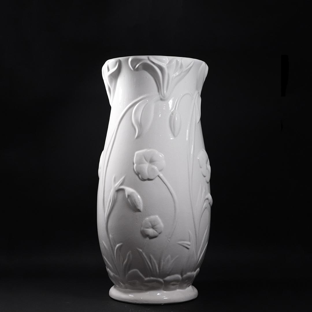White Ceramic Floral Floor Vase / Umbrella Holder: White Ceramic Floral Floor Vase / Umbrella Holder. size: 18.5 in. height x 8 in. wide