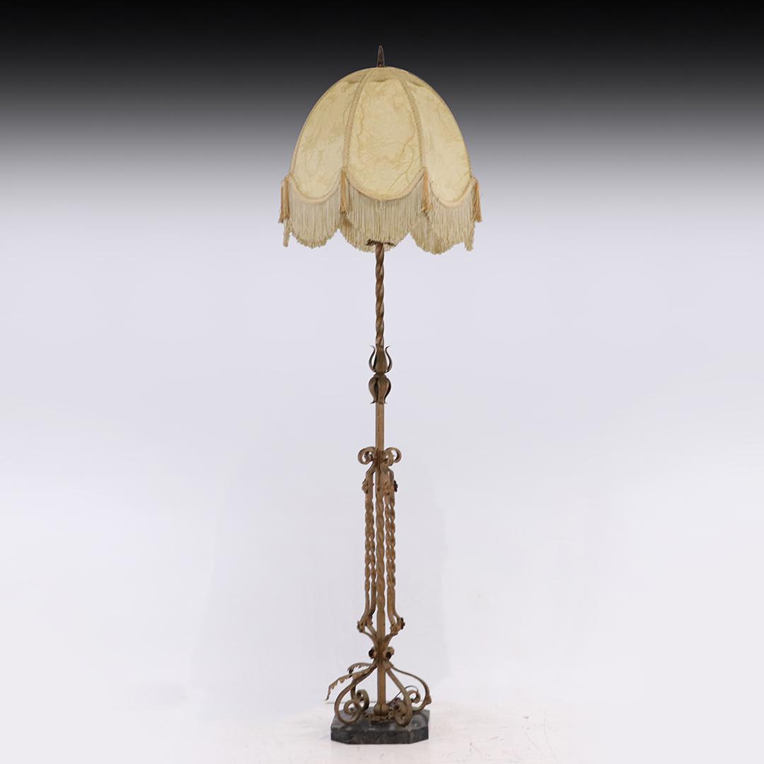 Circa 1920 Wrought Iron Pole Floor Lamp with Silk Shade: Circa 1920 Wrought Iron Pole Floor Lamp with Silk Shade. Msrble base. Vintage. size: 63.5h x 9w base, 18w shade