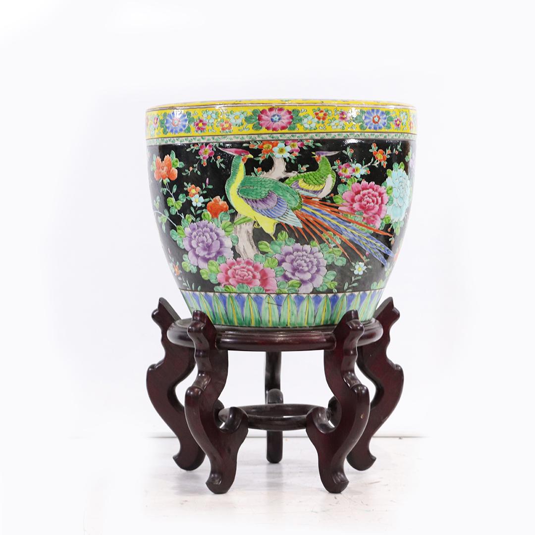 Japanese Porcelain Peacock Colorful Plant Pot on Stand: Japanese Porcelain Peacock Colorful Plant Pot on Stand. Nice quality. size: 12 in. height x 15 in. diameter pot, 10 in. height x 14 in. wide stand