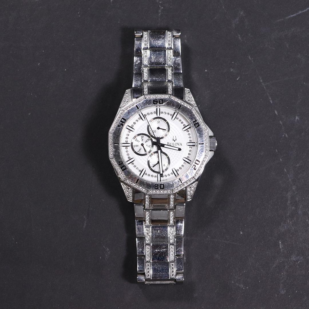 Men's Bulova Stainless Wristwatch with Crystal Inlay: Men's Bulova Stainless Wristwatch with Crystal Inlay. size: 5.5L x 2w