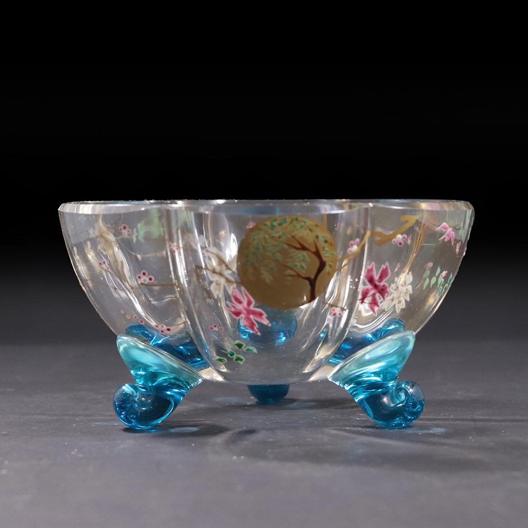 DAUM NANCY FRANCE Art Glass Enameled Bowl: DAUM NANCY FRANCE Art Glass Enameled Bowl, Signed, Blue glass feet, enameled decoration, Signed. size: 3.5h x 6.75w