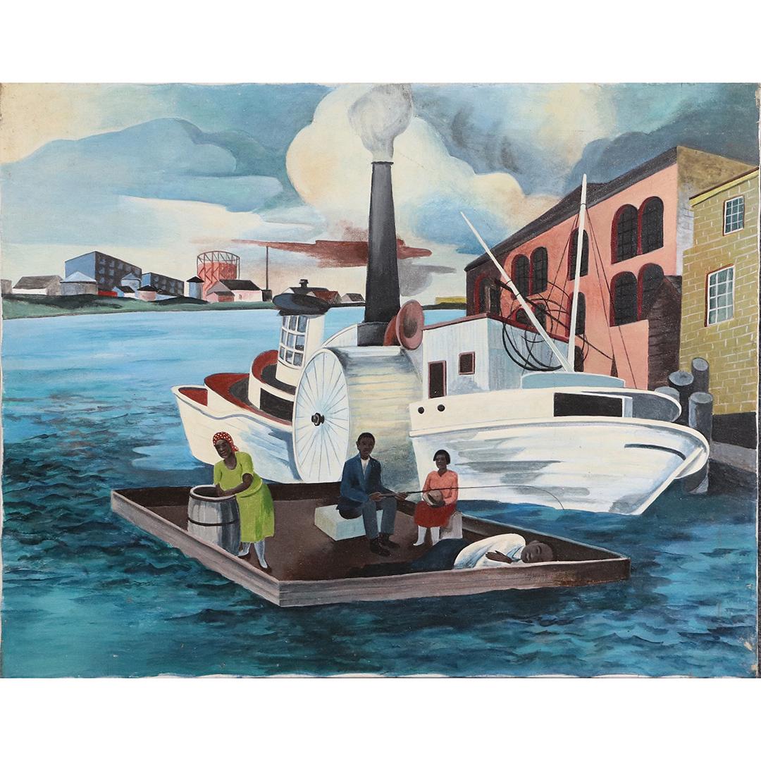 after Peter Blume Painting Mississippi River Steamboat: 20th C. Oil/c Painting after Peter Blume, Mississippi River Steamboat. Oil on canvas. size: 24x30