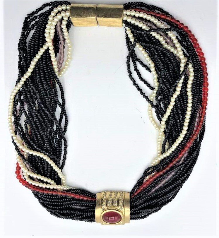 Leo Bernard Signed Beaded Choker Necklace w/ Gold Tone: Leo Bernard Signed Beaded Choker Necklace with Gold Tone. Signed: Leo Bernsrd. Size: 16.5 in. length