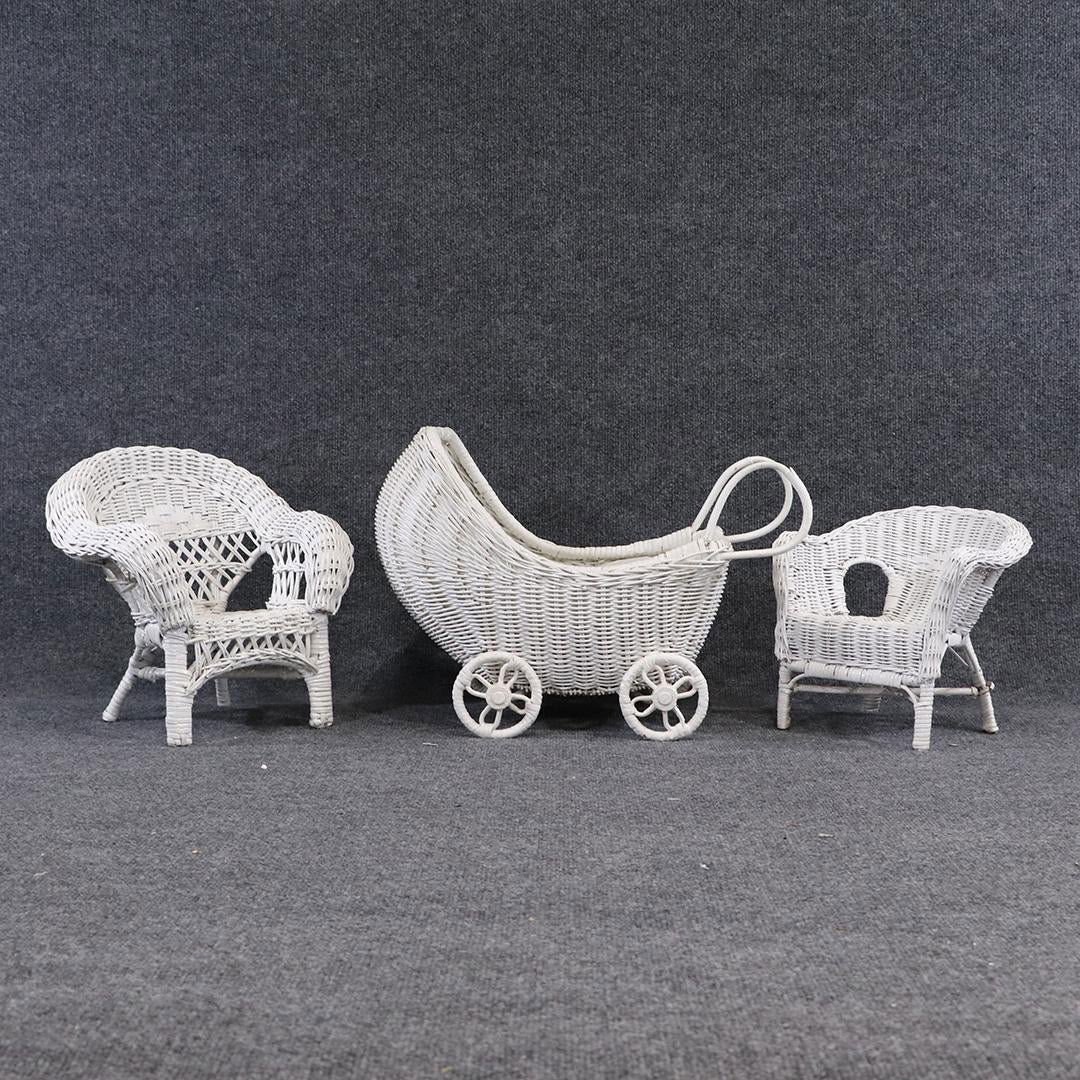 3 Assorted Dolls Wicker Chairs and Stroller Carriage (1 of 11)