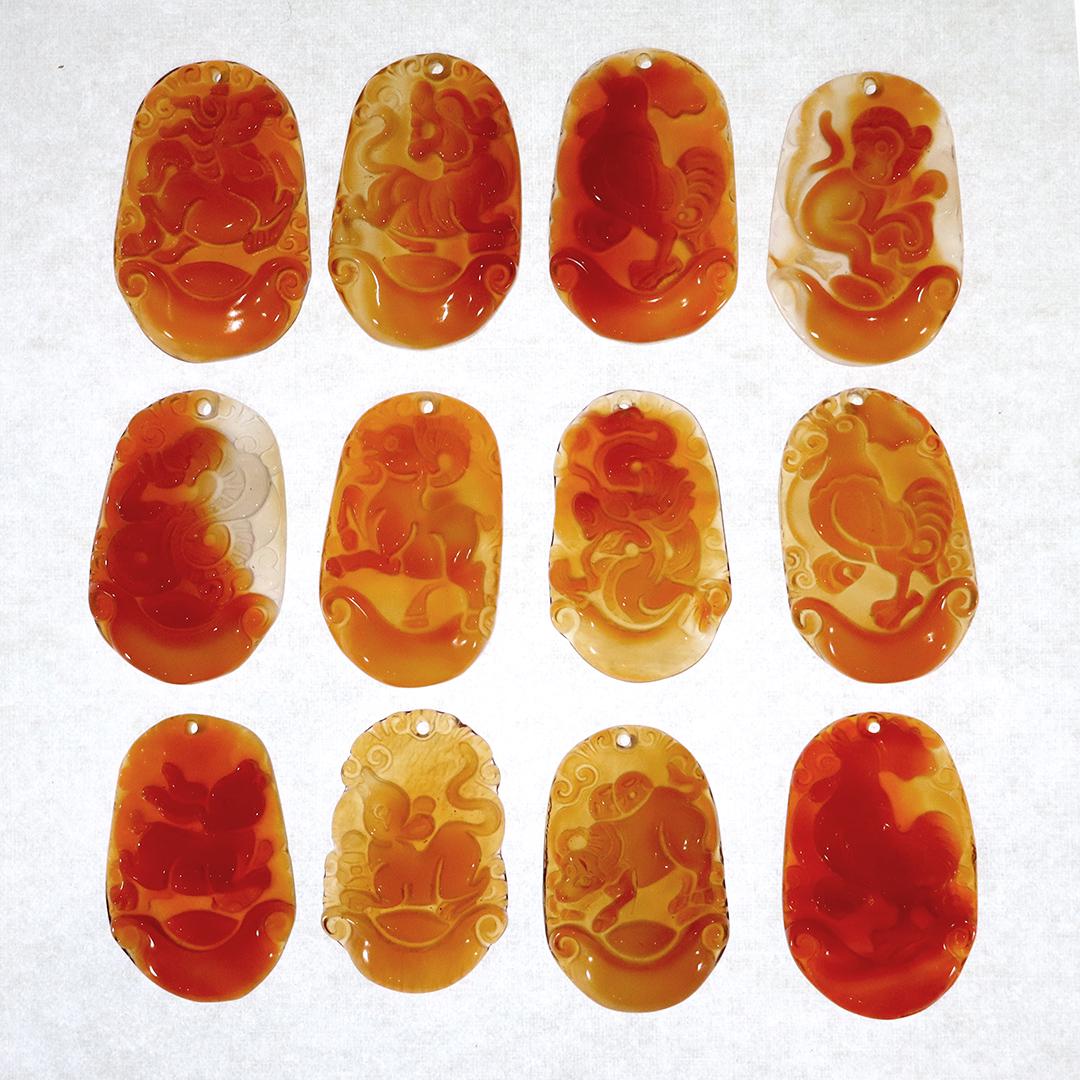 12 Chinese Carved Red Jade Animal Symbol Pendants (1 of 8)