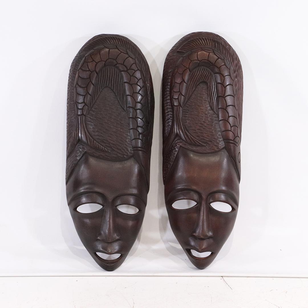 Pair African Hand Carved Teak Elongated Face Masks (1 of 6)