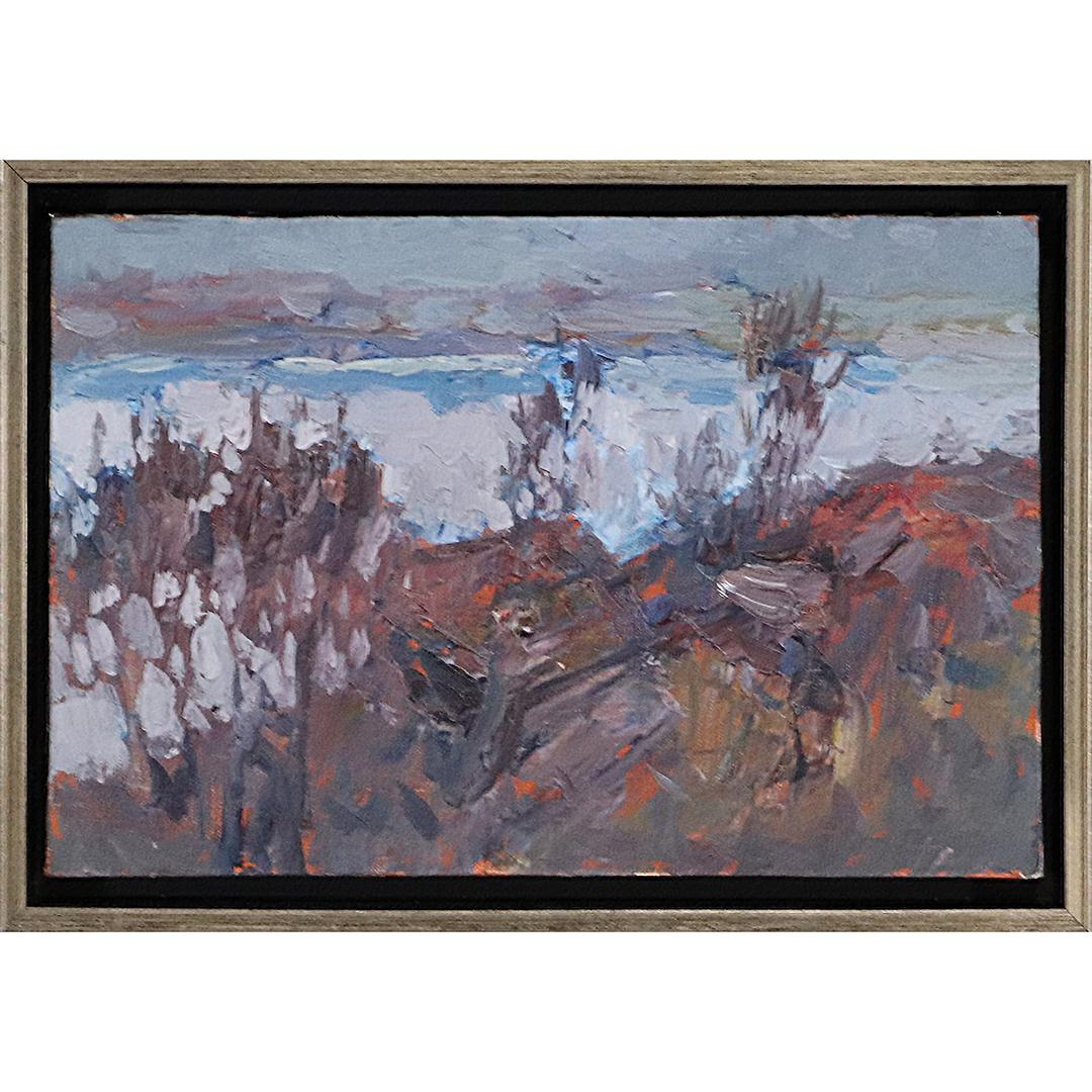 Mikola Oleksandrovich Bondar, Ukraine, Coastal Seascape: Mikola Oleksandrovich Bondar, Ukraine, Coastal Seascape. Oil on canvas painting, framed. Artist information on verso. size: 7.75x11.75 image, 9x13 outside frame
