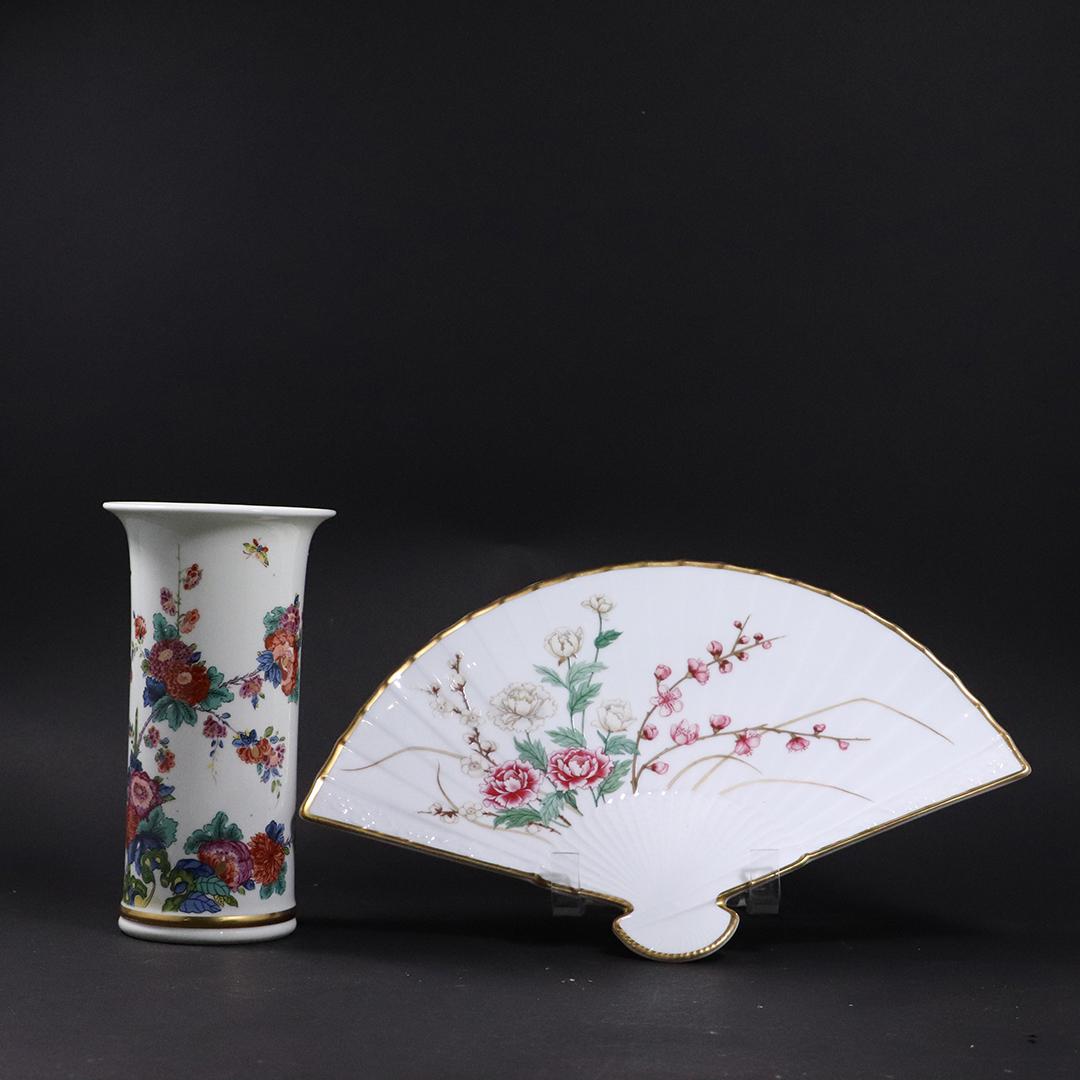 LENOX Porcelain Plum Blossom Fan and Saxony Vase: LENOX Porcelain Plum Blossom Fan and Saxony Vase. size: 8h x 4.25w, 13.5L x 8.25w