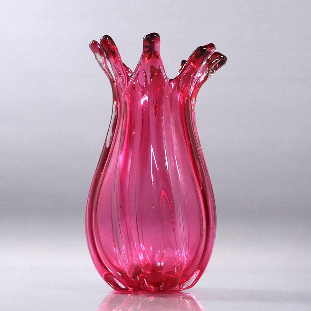 Mid-Century Modern Cranberry Glass Flower Form Vase (1 of 5)