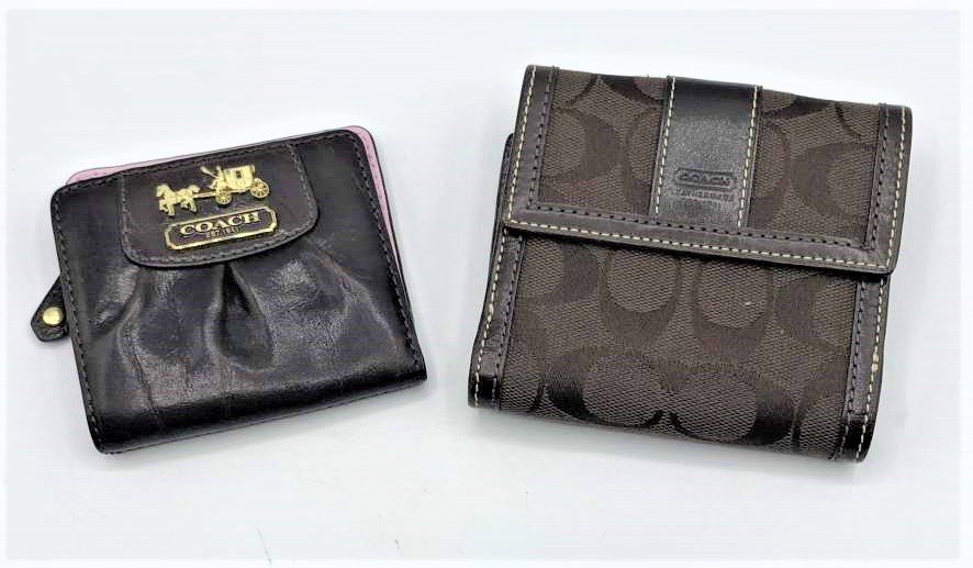 Two COACH Brown Leather Bi Fold Wallets - Clean: Two COACH Brown Leather Bi Fold Wallets - Clean. Size: all leather 3.75 in. x 3.5 in. and leather & fabric 4.5 in. x 4 in.