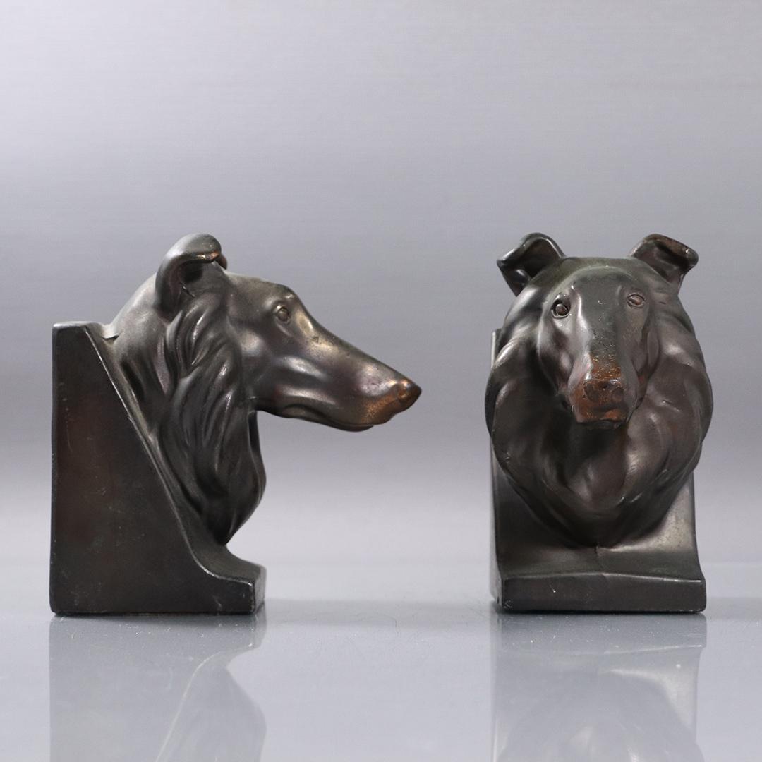 Pair Cast Metal Collie Dog Bookends in Bronze Patina (1 of 5)