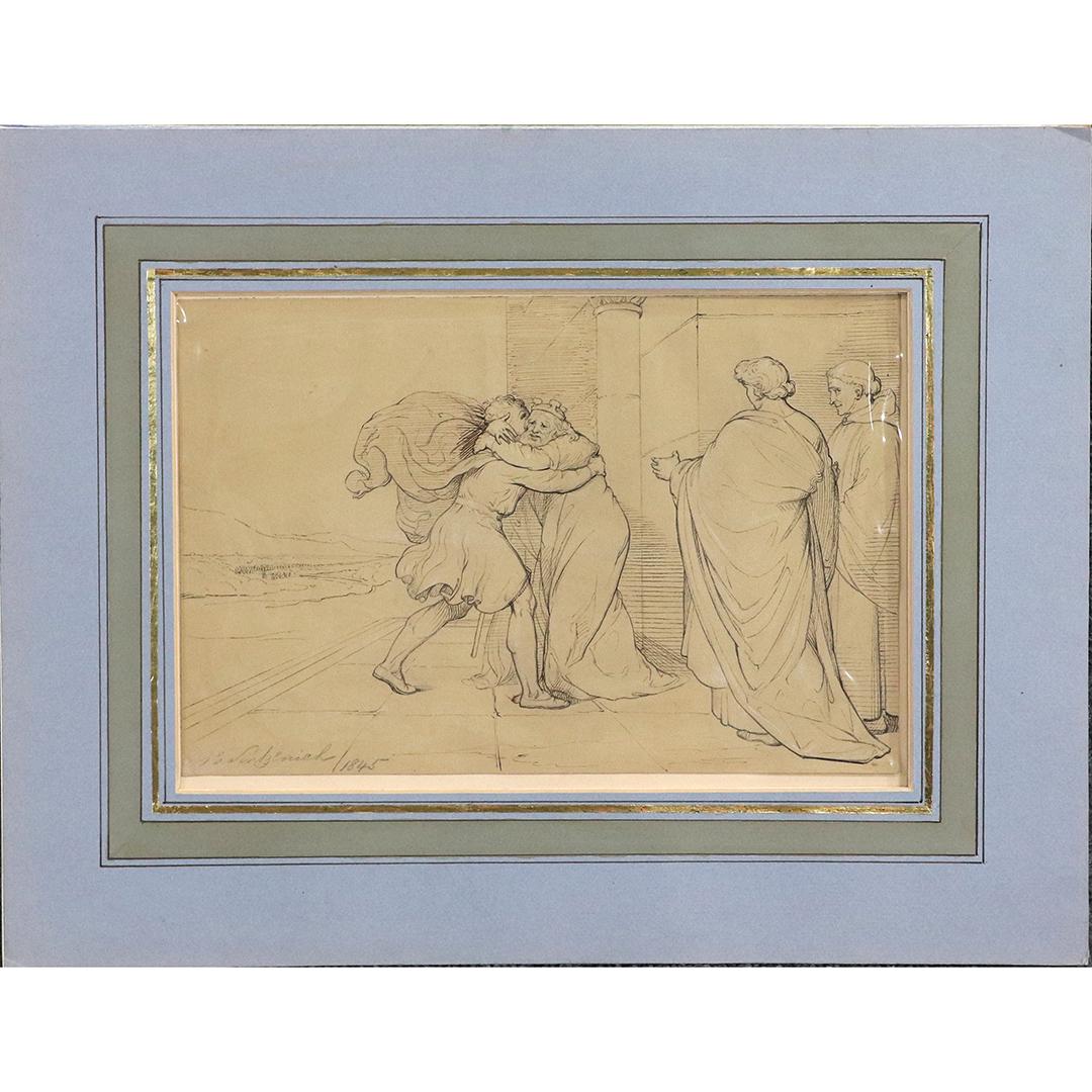 G E Sintzenich 1845 Ink Drawing Embracing King (1 of 6)